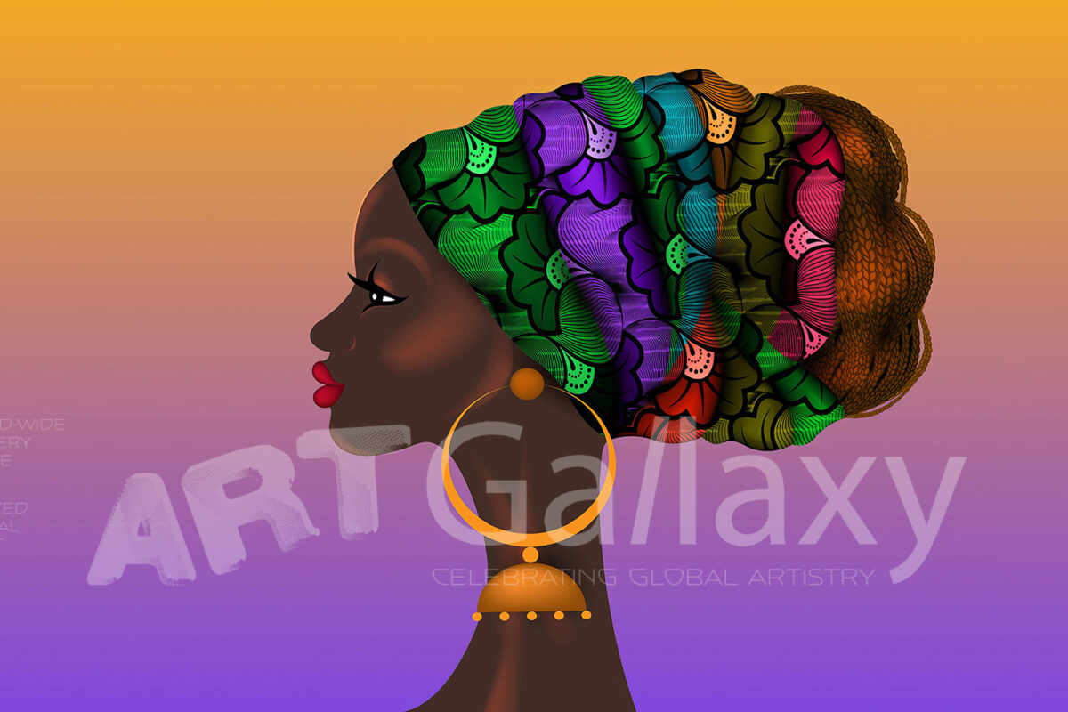 Image of the product. Afro hairstyle, beautiful portrait African woman in wax print fabric turban, diversity concept. Ethnic head tie for afro braids and kinky curly hair, on colorful background