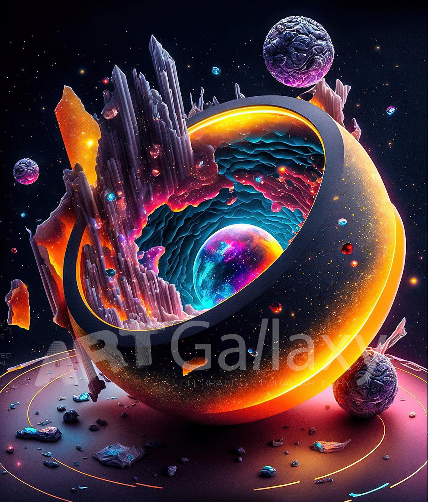 A series of ai generated print artwork based on colorful spheres