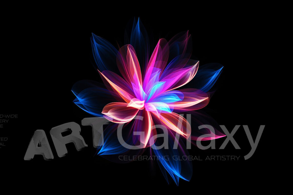 A series of ai generated print artwork based on colorful neon flowers on a black background.