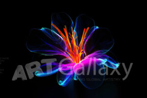 A series of ai generated print artwork based on colorful neon flowers on a black background.