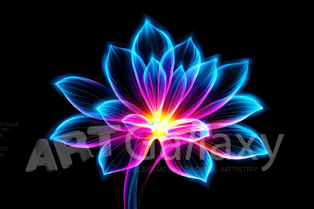 A series of ai generated print artwork based on colorful neon flowers on a black background.