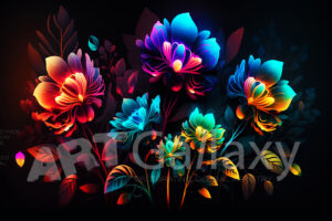 A series of ai generated print artwork based on colorful neon flowers on a black background.