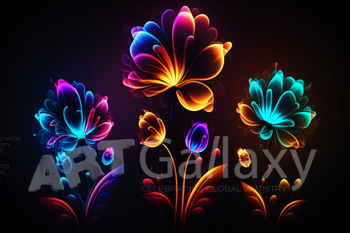 A series of ai generated print artwork based on colorful neon flowers on a black background.