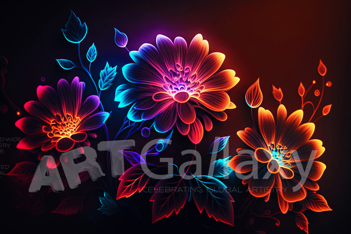 A series of ai generated print artwork based on colorful neon flowers on a black background.