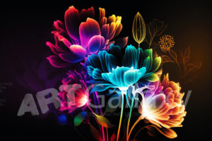 A series of ai generated print artwork based on colorful neon flowers on a black background.