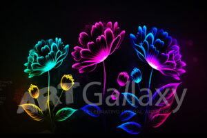 A series of ai generated print artwork based on colorful neon flowers on a black background.