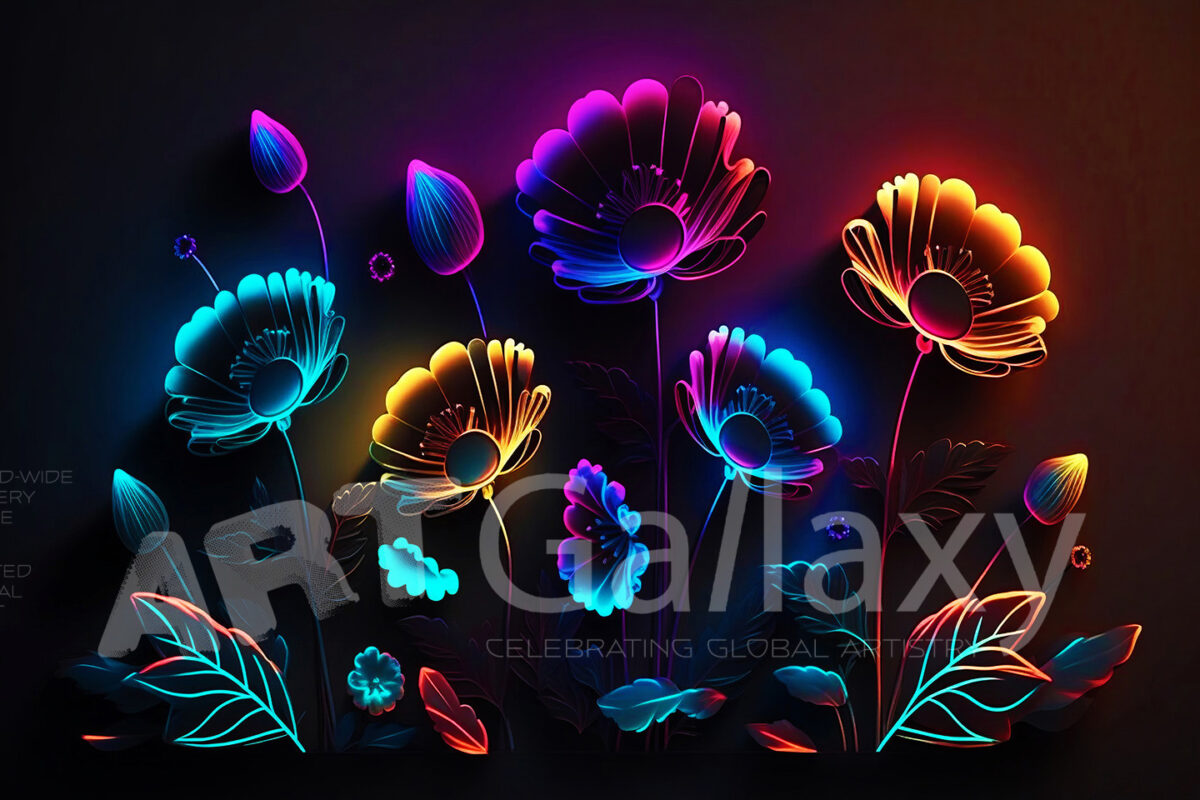 A series of ai generated print artwork based on colorful neon flowers on a black background.