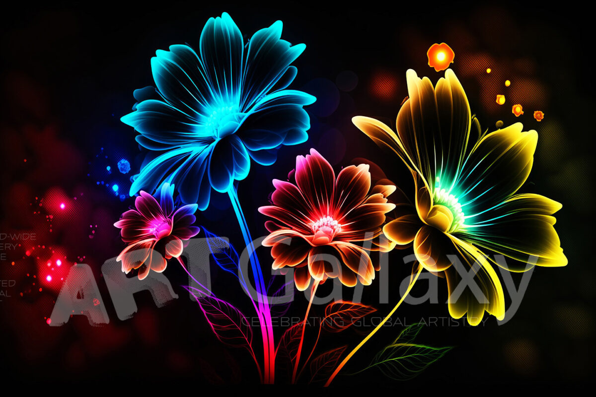 A series of ai generated print artwork based on colorful neon flowers on a black background.