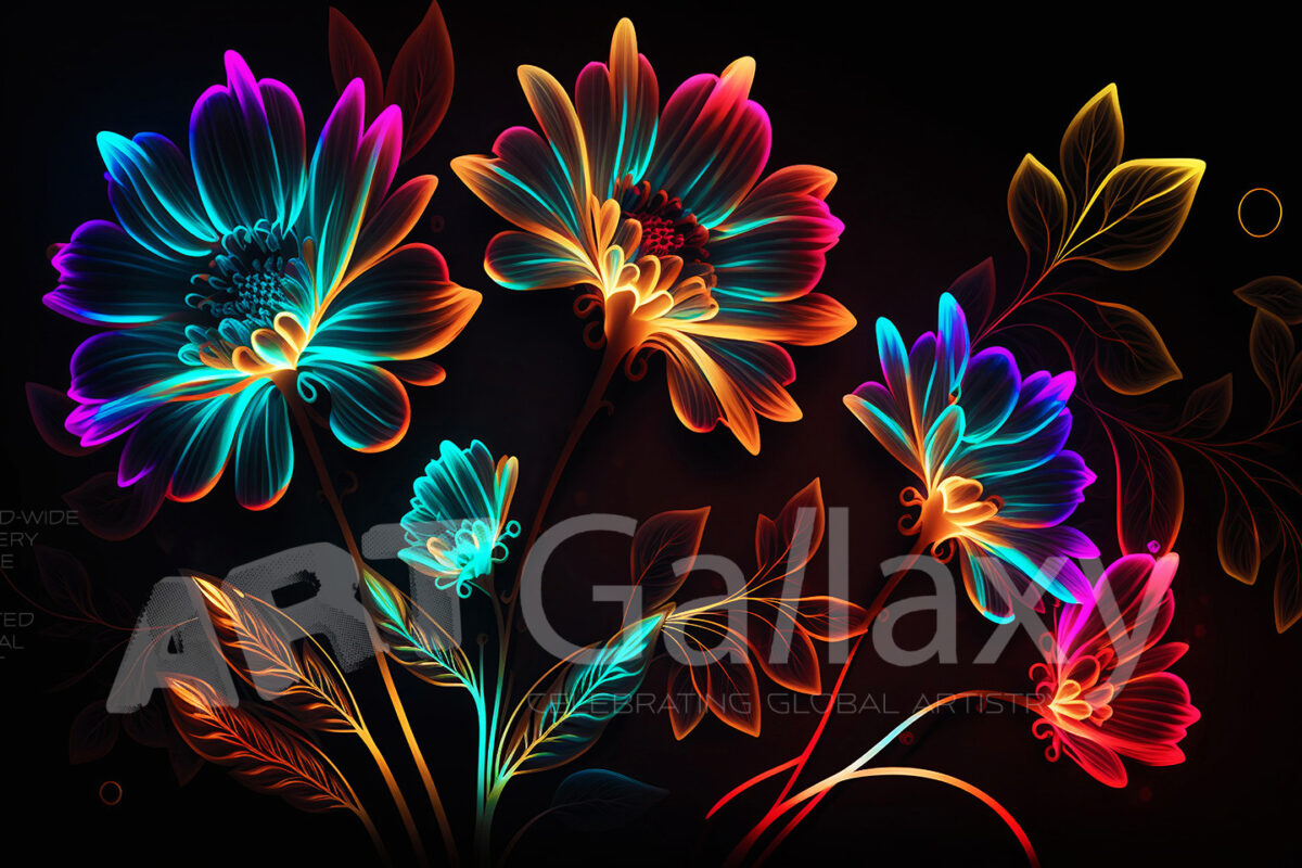 A series of ai generated print artwork based on colorful neon flowers on a black background.