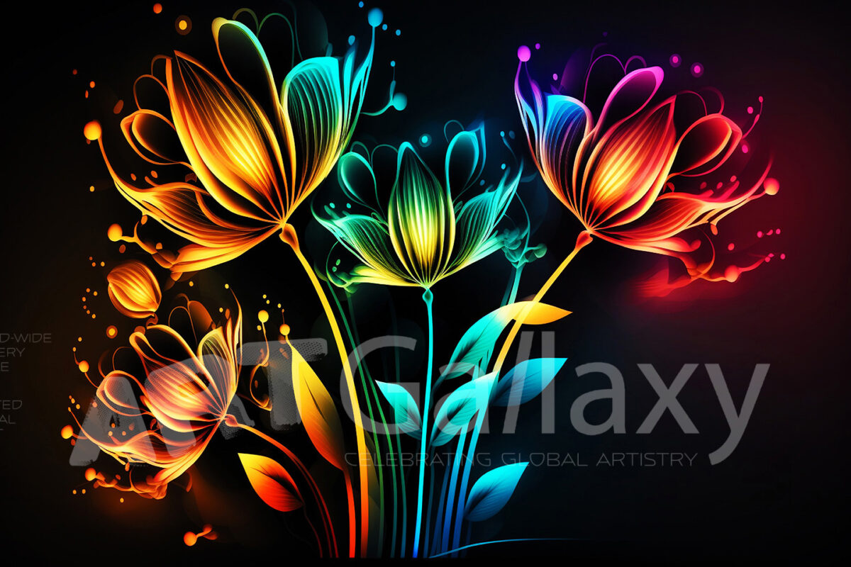 A series of ai generated print artwork based on colorful neon flowers on a black background.