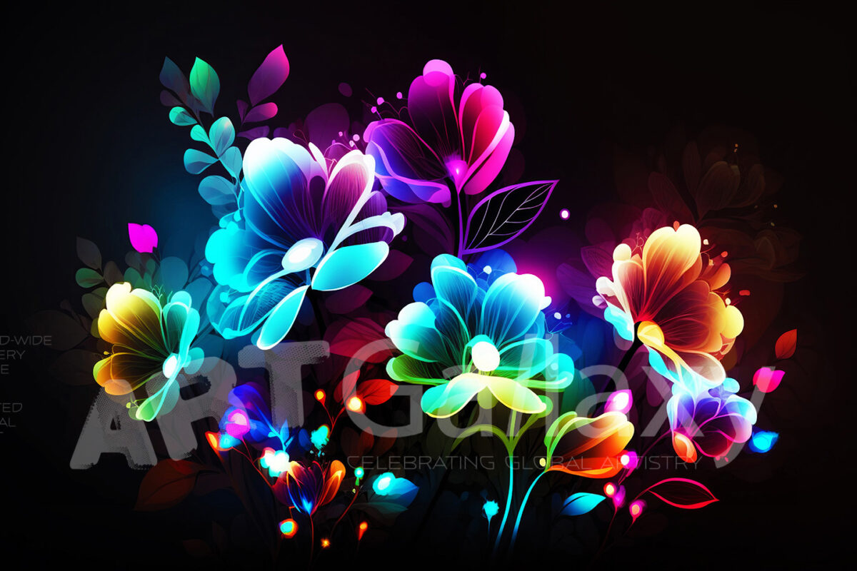 A series of ai generated print artwork based on colorful neon flowers on a black background.