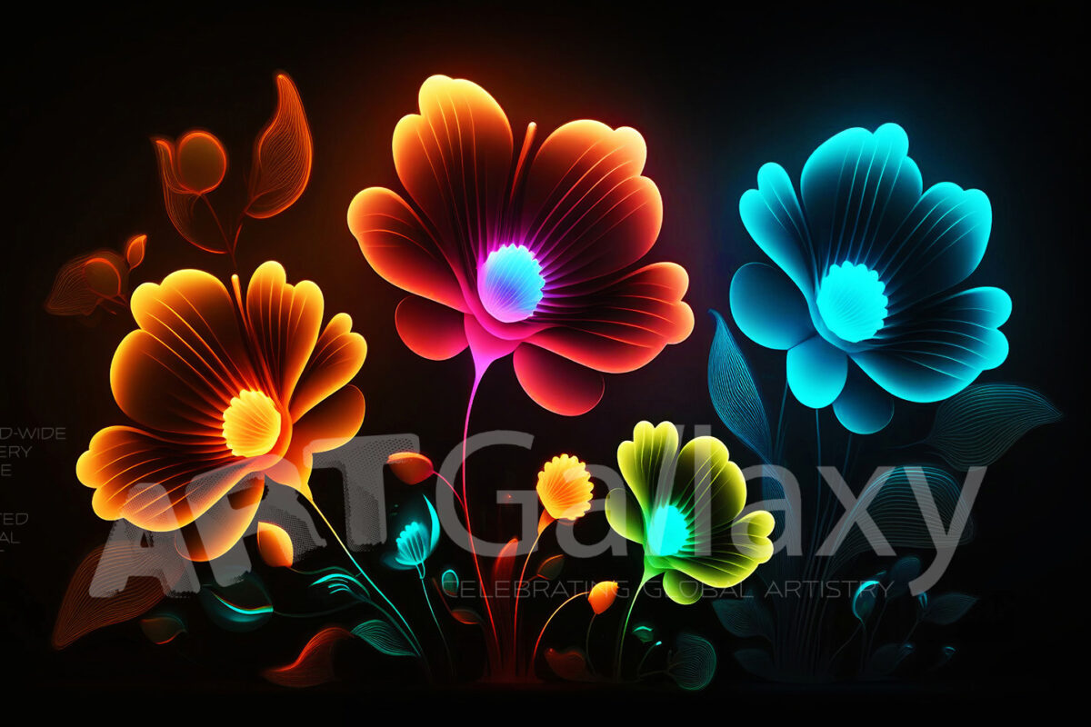 A series of ai generated print artwork based on colorful neon flowers on a black background.