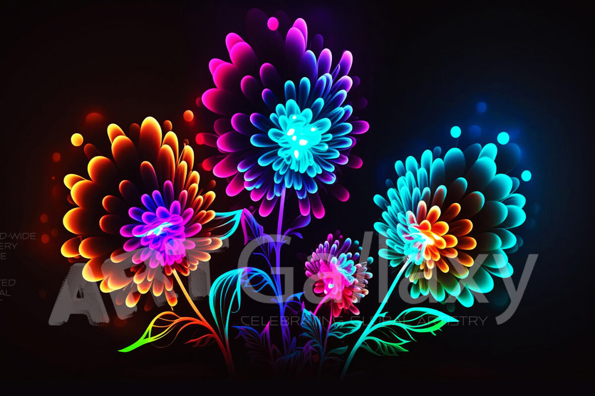 A series of ai generated print artwork based on colorful neon flowers on a black background.