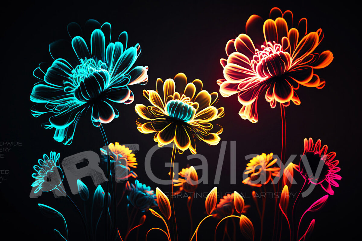 A series of ai generated print artwork based on colorful neon flowers on a black background.