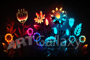 A series of ai generated print artwork based on colorful neon flowers on a black background.