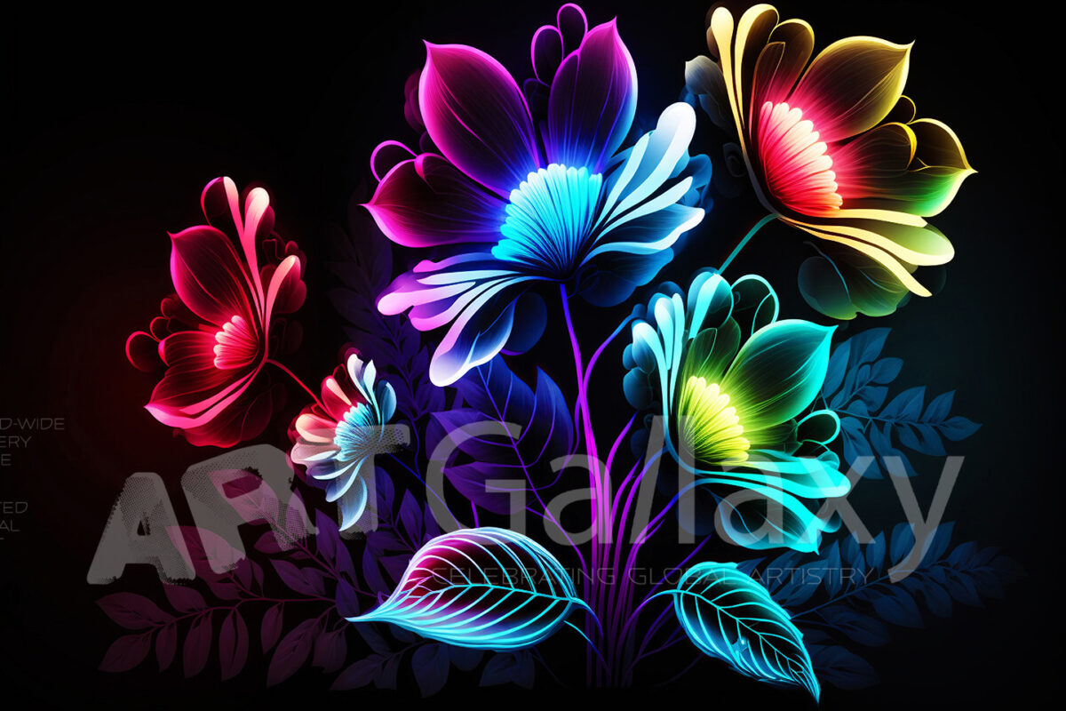 A series of ai generated print artwork based on colorful neon flowers on a black background.