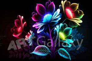 A series of ai generated print artwork based on colorful neon flowers on a black background.