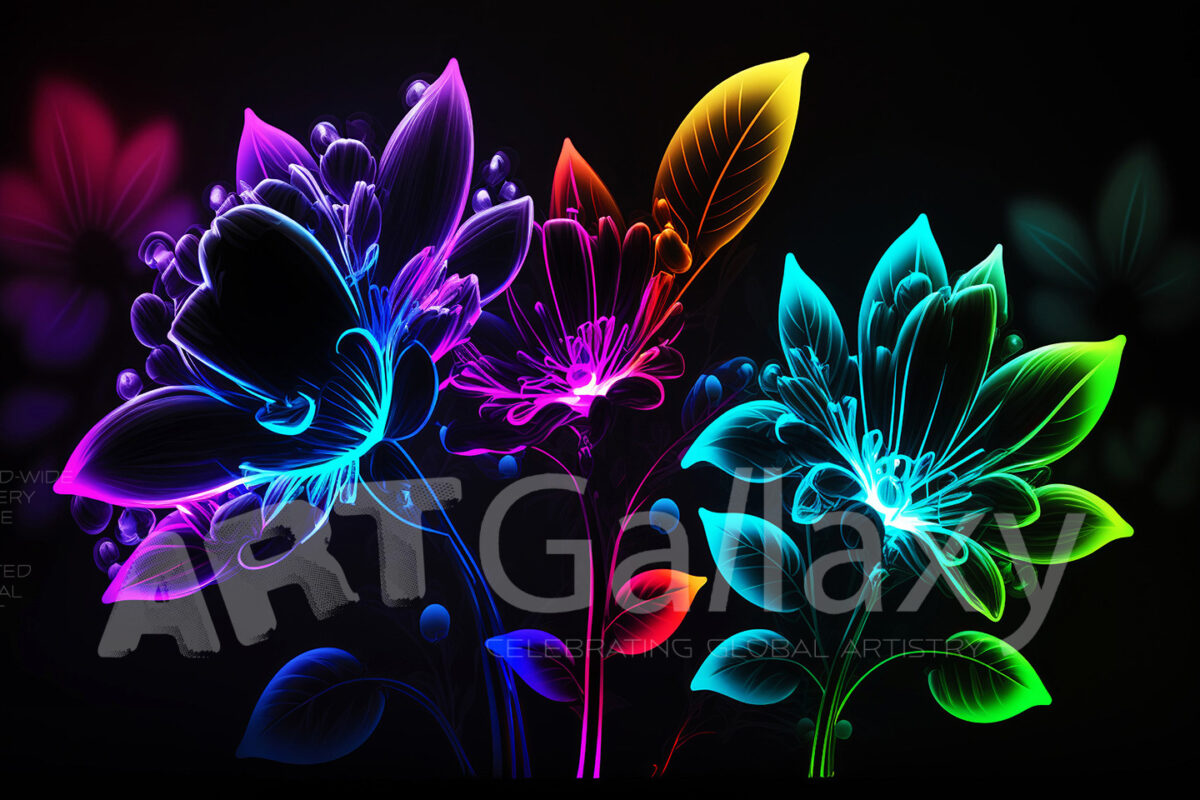 A series of ai generated print artwork based on colorful neon flowers on a black background.