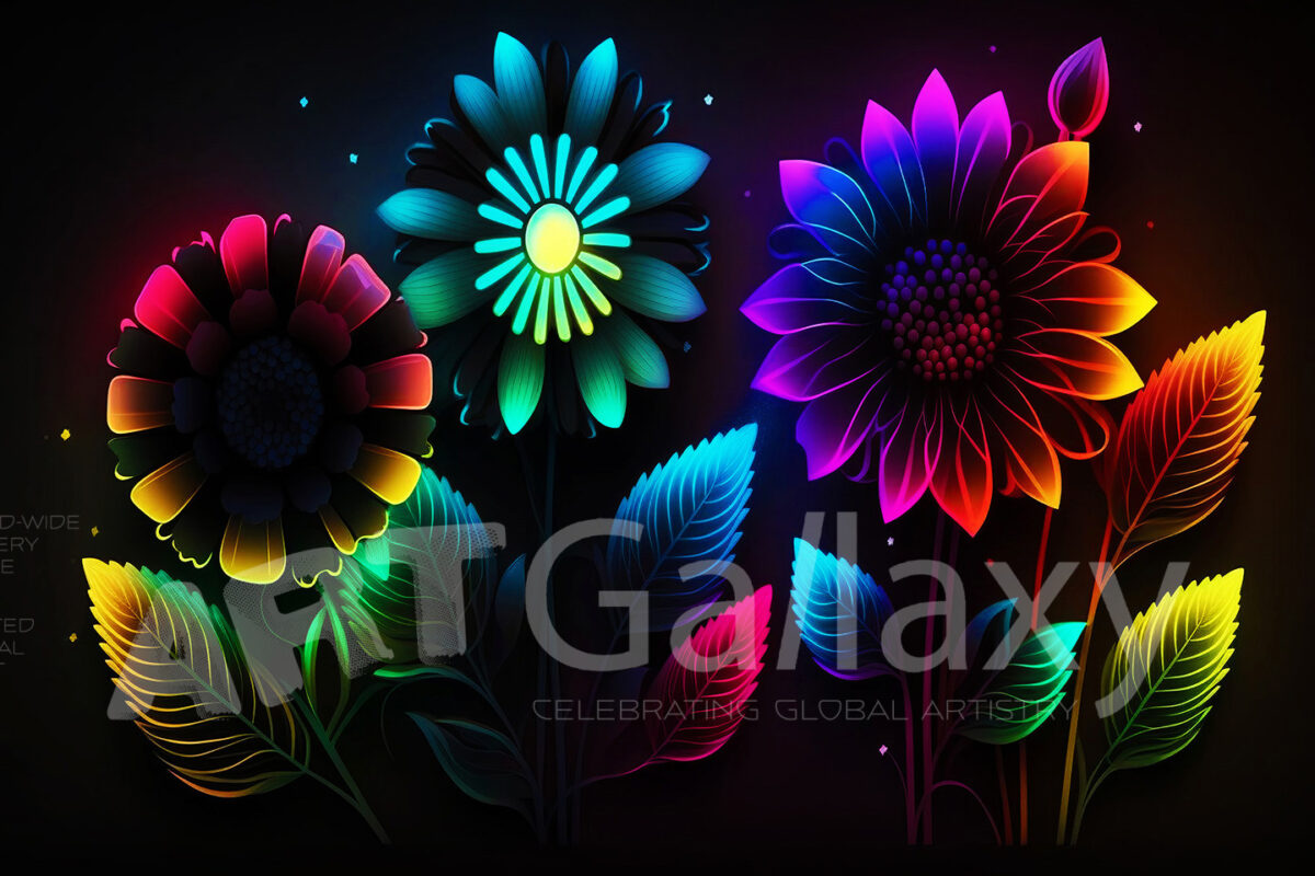 A series of ai generated print artwork based on colorful neon flowers on a black background.