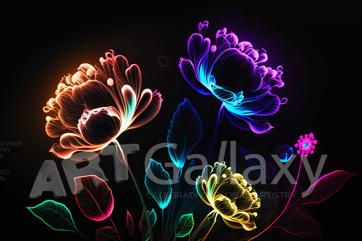 A series of ai generated print artwork based on colorful neon flowers on a black background.