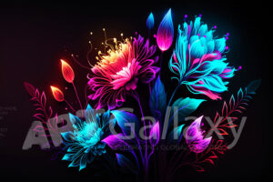 A series of ai generated print artwork based on colorful neon flowers on a black background.