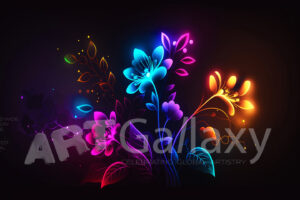 A series of ai generated print artwork based on colorful neon flowers on a black background.