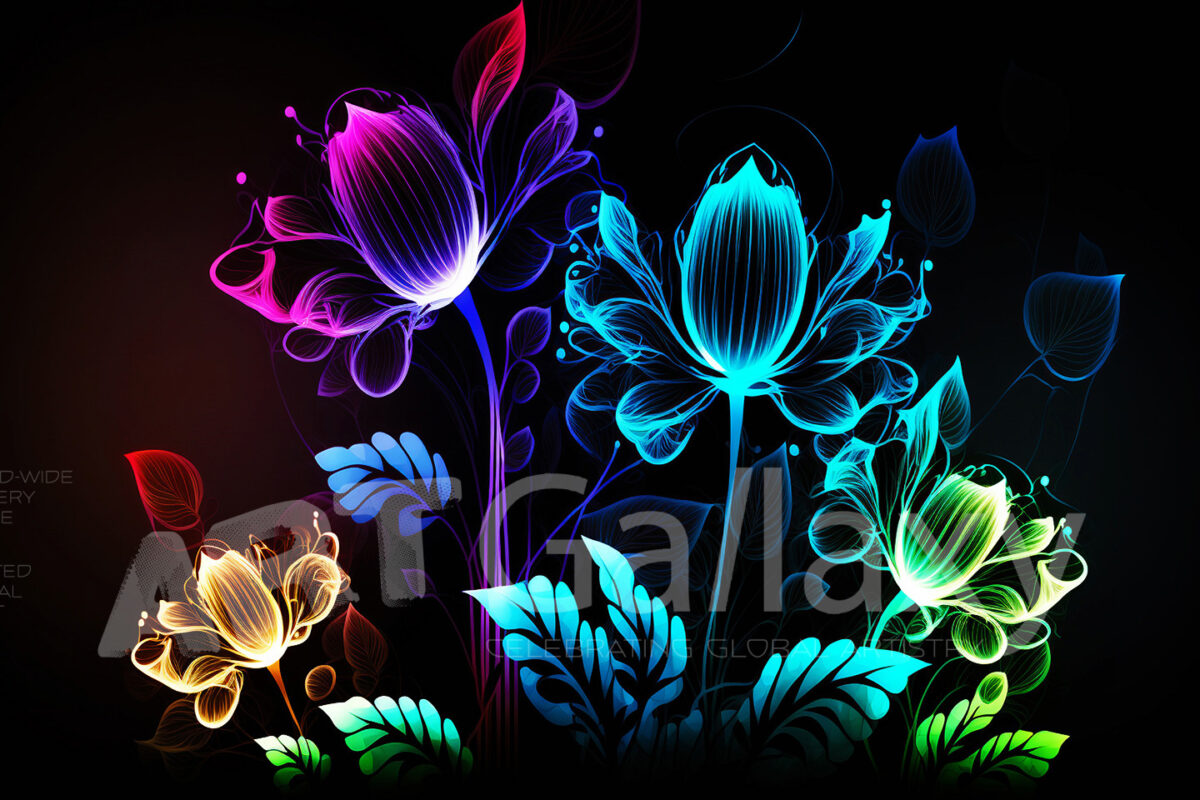 A series of ai generated print artwork based on colorful neon flowers on a black background.