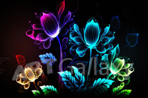 A series of ai generated print artwork based on colorful neon flowers on a black background.