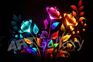 A series of ai generated print artwork based on colorful neon flowers on a black background.