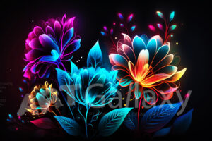 A series of ai generated print artwork based on colorful neon flowers on a black background.