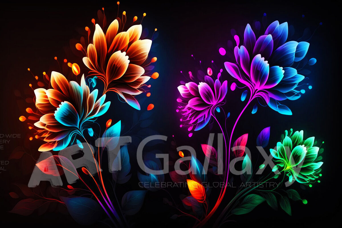 A series of ai generated print artwork based on colorful neon flowers on a black background.